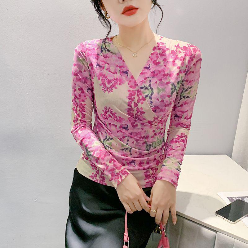 High-End Cross-Design Slimming Mesh Long-Sleeve Top for Early Spring 3XL