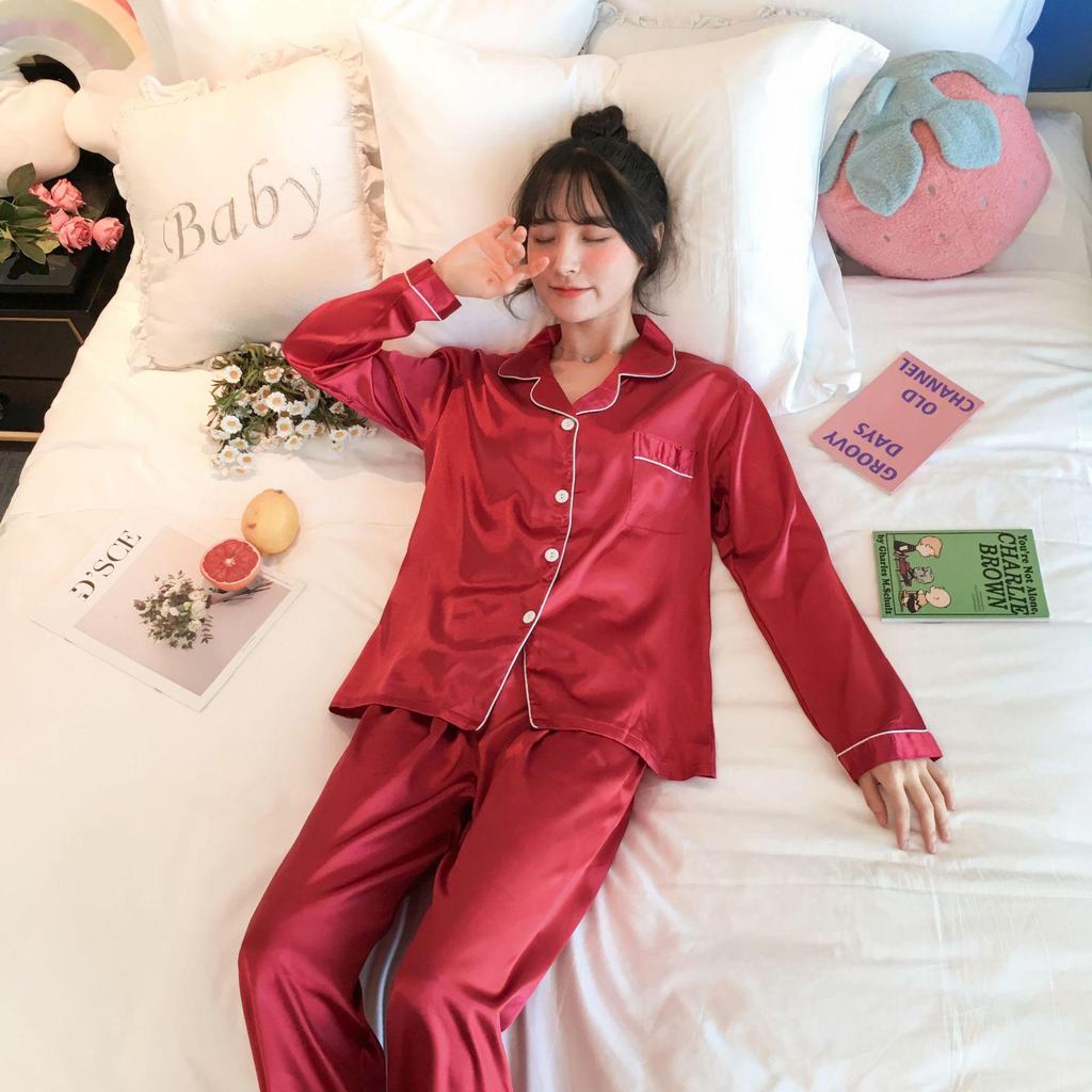 Langärmliges Pyjama-Set aus Seidenimitat mit Revers für Damen in Übergröße