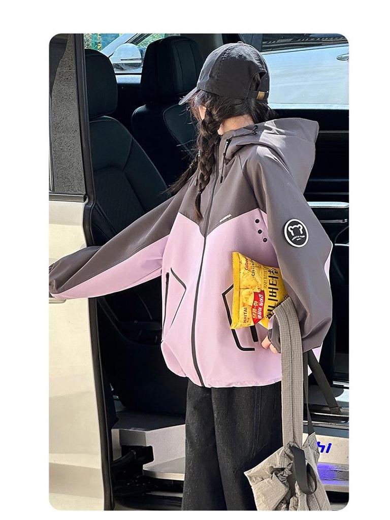 Girls' Color Block Hooded Windbreaker - Casual Spring/Autumn Jacket for Big Kids