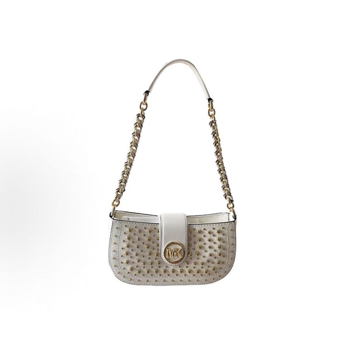 

Michael Kors Mk Carmen Vintage Letter Logo Chain Leather Underarm Bag Studded Leather Baguette Shoulder Bag Women Shoulder Bag 32T0GNMU0I-OPTIC-WHITE Basic Set (Bag+Dust Bag)