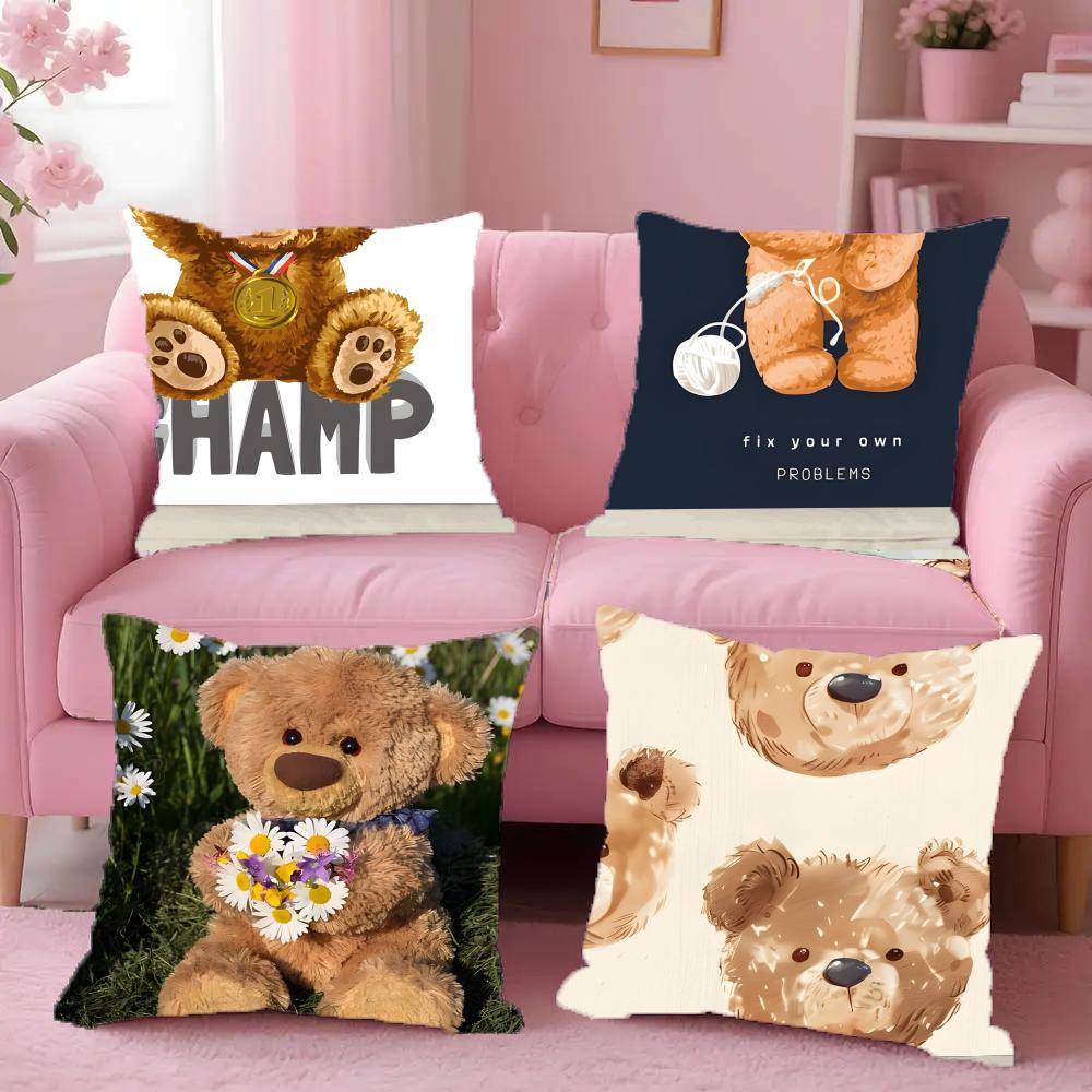 Childish-Hearted Friends Teddy Bear-B Pillow Case Anti-Dustmite Pillowcase Invisible Zipper Silky Short Plush Sofa Cushion Cover