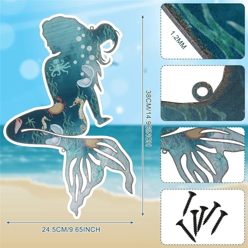 Good-Metal Mermaid Wall Art Rustic Hanging Mermaid Wall Decor Blue Metal Mermaid Decorations Elegant Mermaid Sculpture 25Cm Dura