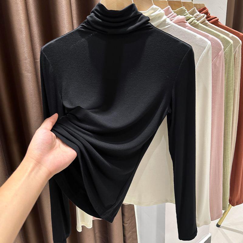 Women's Modal Apricot Slim Fit High Neck Base Layer Shirt for Spring/Autumn