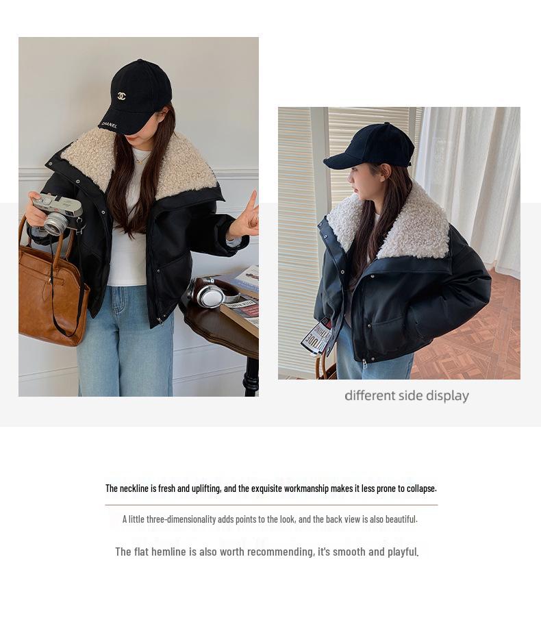 Women's Winter Lambswool Lapel Leather Jacket - Thick, Warm, College Style, Wash-Free Cotton.