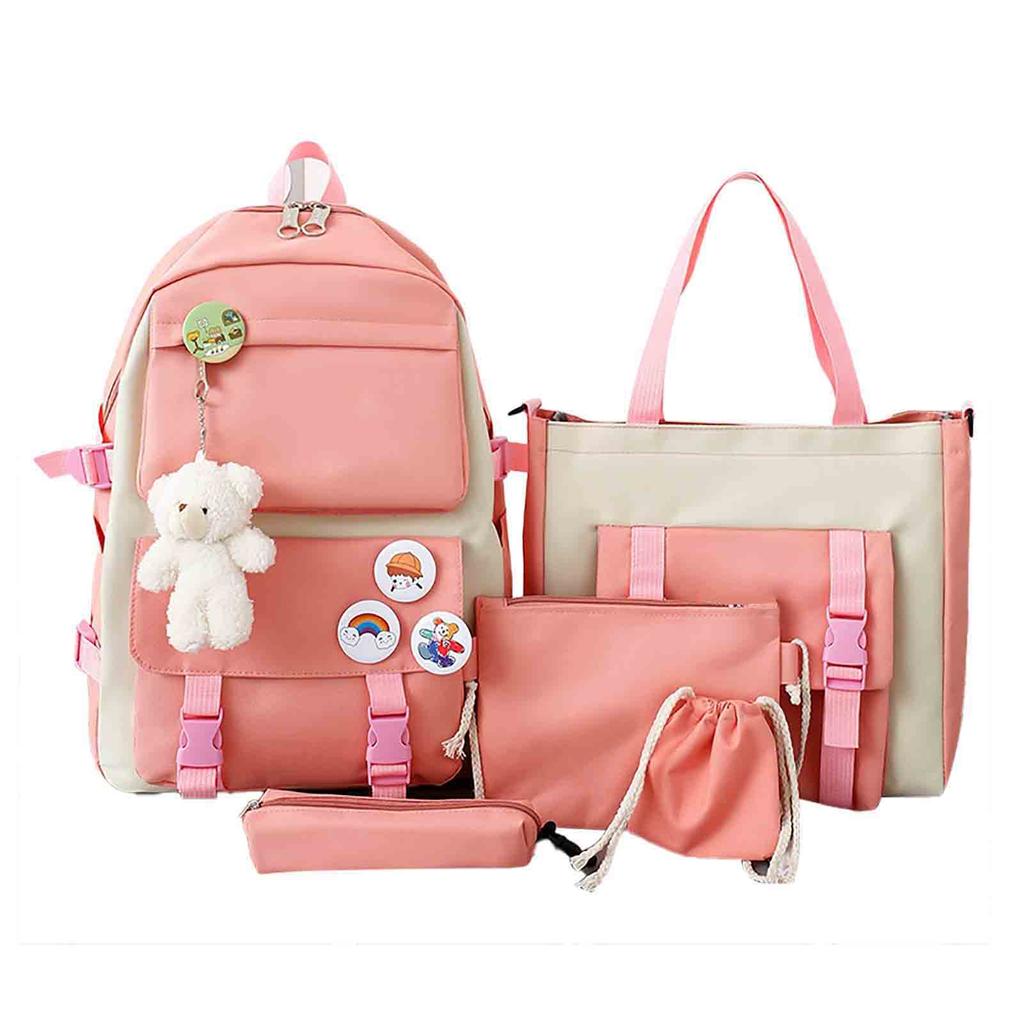 5Pcs School Bags Set Large Capacity Shoulder Bag Stationery Bag Coin Purse Canvas Student Bags Set for Boys Girls Pink