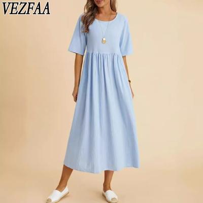 Women's Fashion Summer Spring Solid Color Print Short Sleeve O-Neck Loose Waistline Casual Dresses