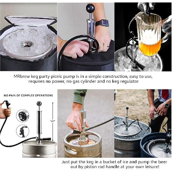 Keg Party Pump, American D-System Beer Keg Tap Keg Hand Pump 8'' Picnic Pump with Beer Faucet & Beer Hose, Chrome-Plated Keg Draft Beer Party Pump