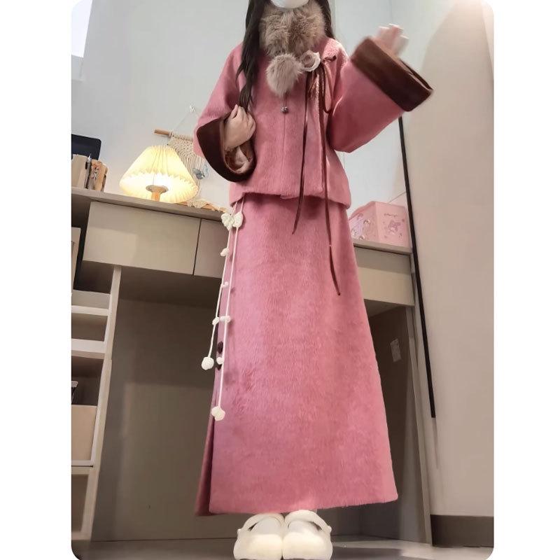 Retro New Chinese Style Wool Coat & Skirt Set: Elegant Two-Piece for Autumn/Winter. XL