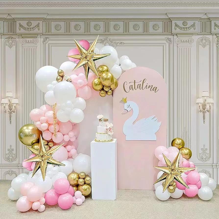 

Pink And White Gold Balloon Wreath Kit 140 Pieces With Large Gold Star Balloon Package Set as shown