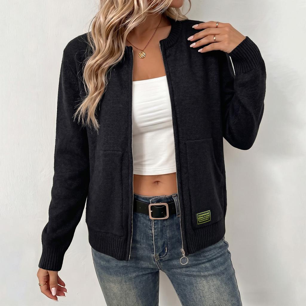 Women's Color Zip-Up Knit Cardigan with Collar and Two Pockets