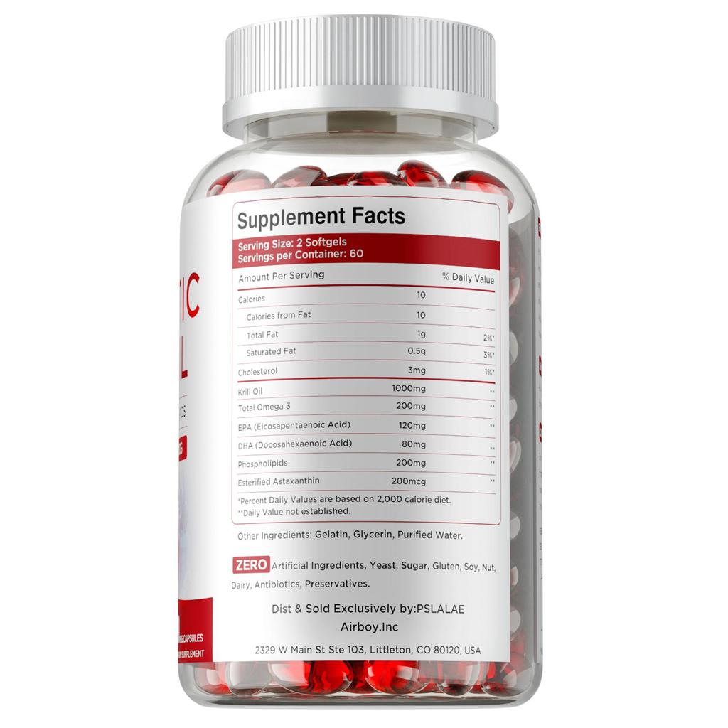 Olio di krill antartico 1000mg, contiene fosfolipidi Omega-3 e astaxantina, supporto antiossidante, adatto agli adulti.