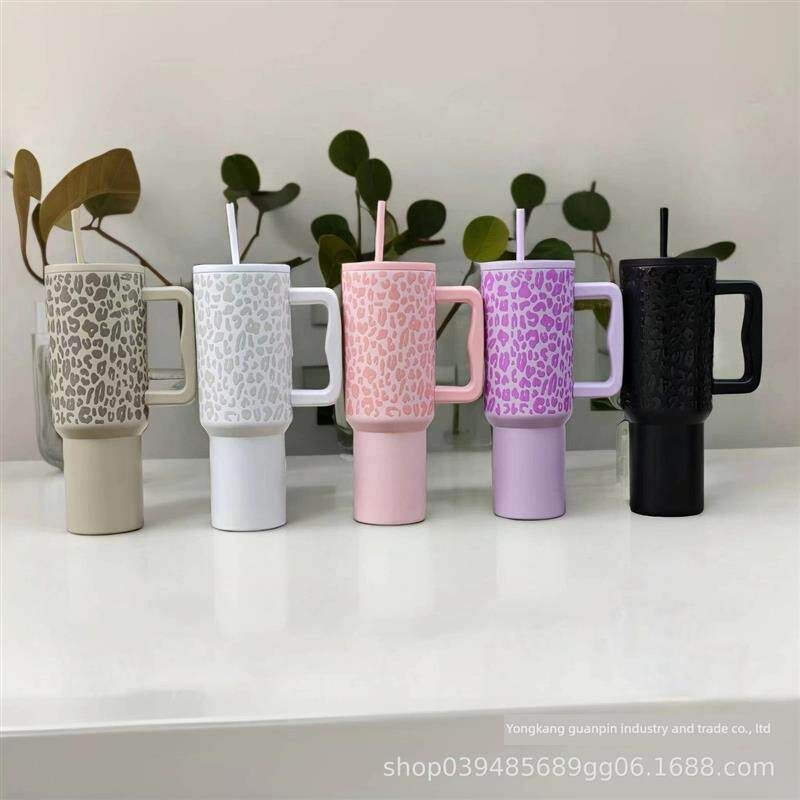 Cross-Border 304 Stainless Steel Leopard Print 40-Ounce Ice Cup with Handle and Straw, High-Quality Car-Mounted Large-Capacity Thermos Cup