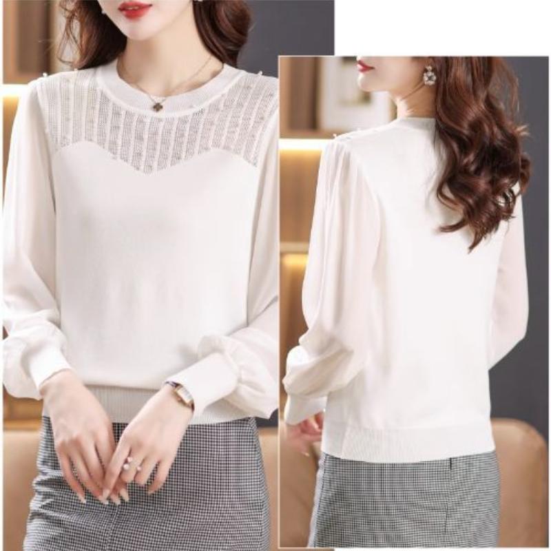 Mesh Sleeved Bottoming Shirt for Women's Spring Autumn Hollowed Out Knittwear New Ice Silk Long Sleeved T-shirt Knitted Top