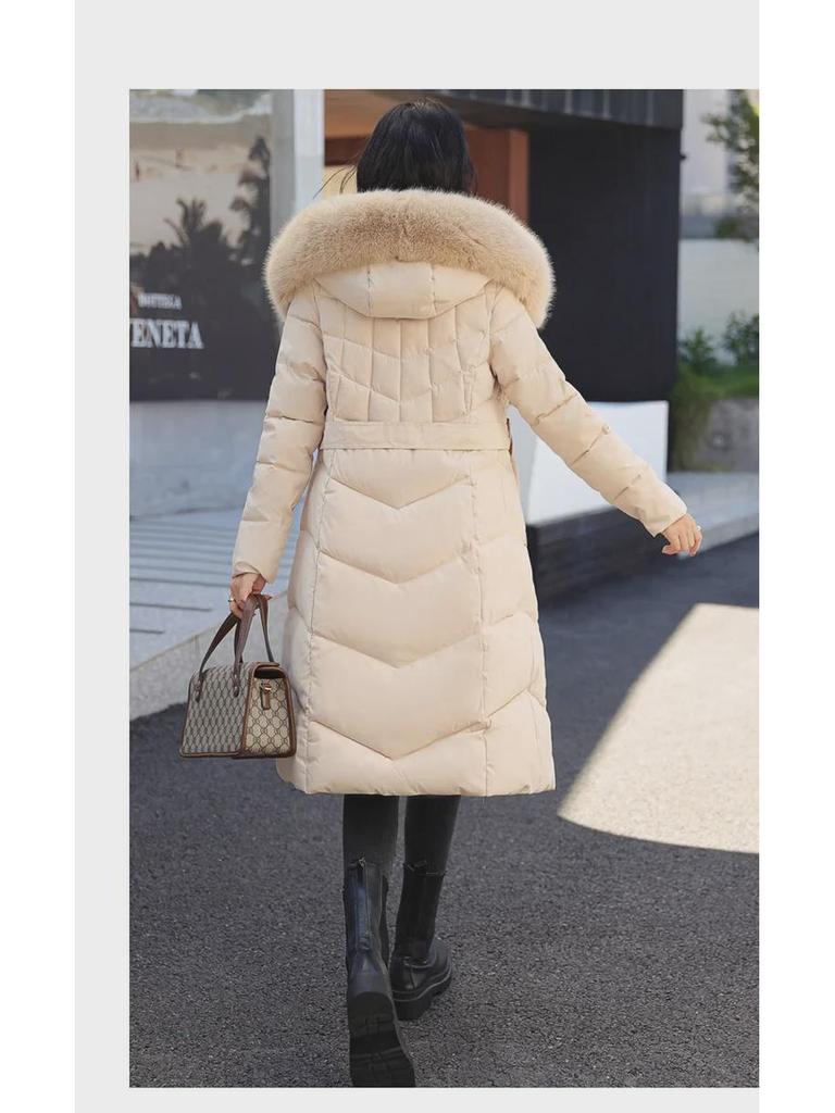 Women's Knee-Length Double-Sided Down Cotton Coat with Large Fur Collar Hood - New Winter Fashion.