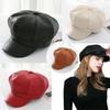 Women PU Leather Beret Hat Winter Fashion Octagonal Hat