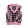 Women Fashion Oversized Houndstooth Plaid Knitted Vest Sweater Vintage Sleeveless Side Vents Female Waistcoat Chic Tops