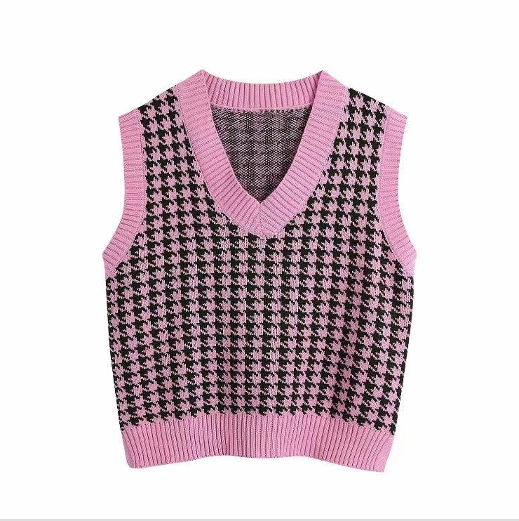 Women Fashion Oversized Houndstooth Plaid Knitted Vest Sweater Vintage Sleeveless Side Vents Female Waistcoat Chic Tops