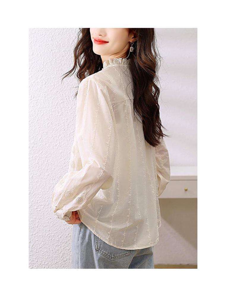 Apricot Women's Long Sleeve Shirt with Lace Trim Collar and Embroidered Flowers - Spring 2025 Design