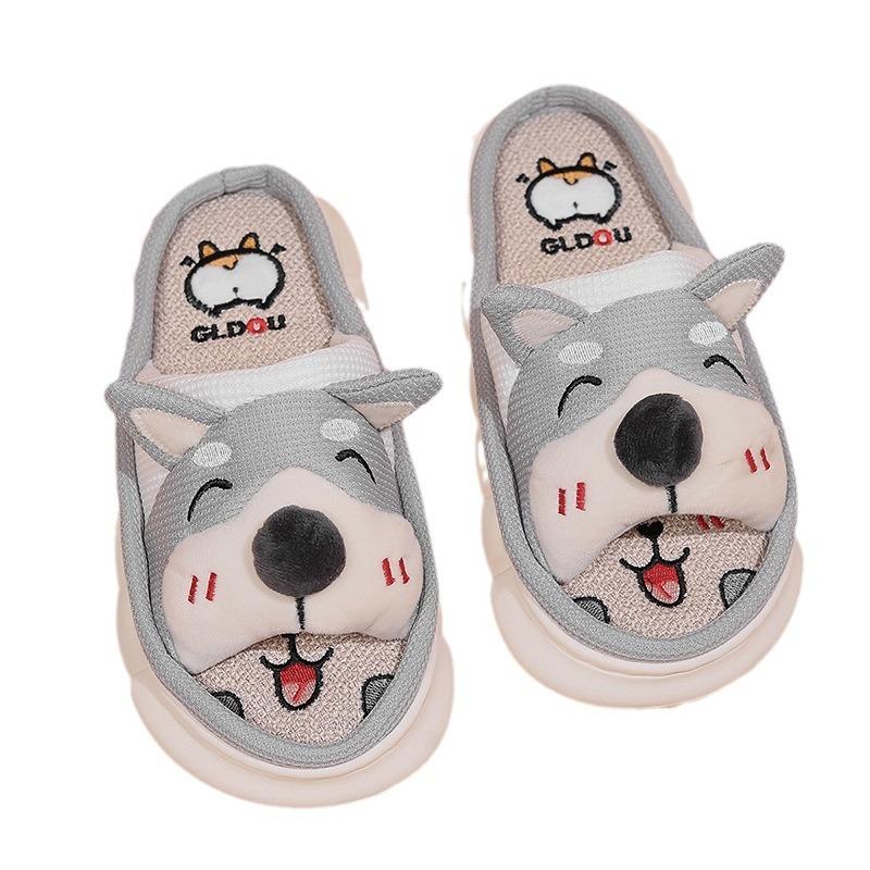 Corgi cute linen slippers women's four seasons home indoor thick bottom spring and autumn cotton and linen sandals summer