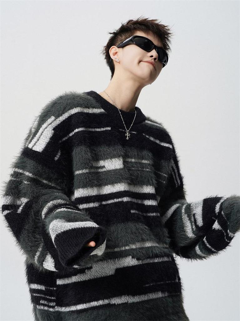 Unisex Mohair Round Neck Color Block Stripe Sweater - Autumn/Winter Casual Loose Fit