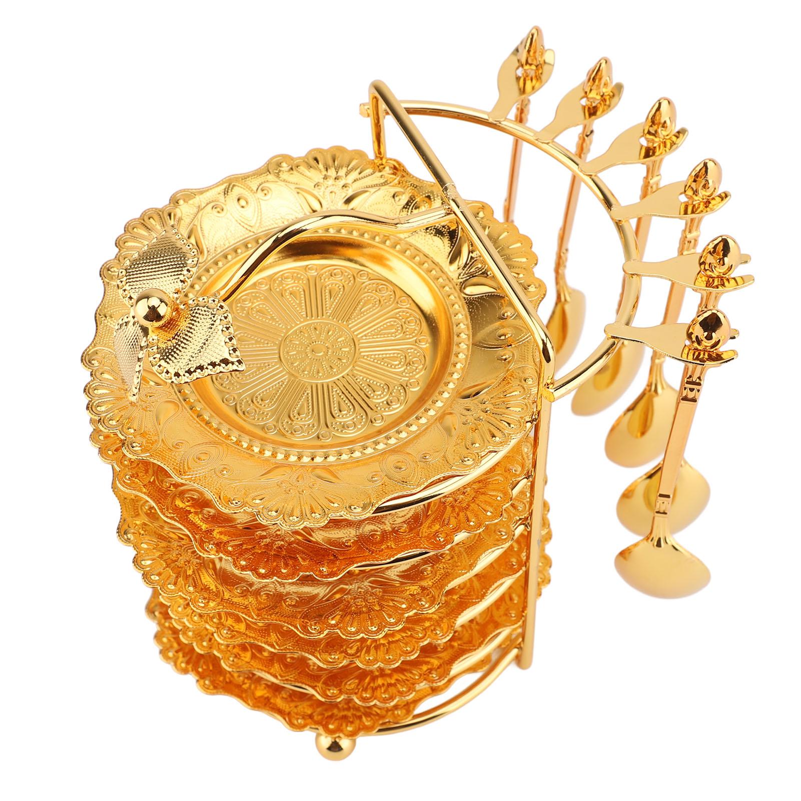 

European Style Plate Set Metal Elegant Reusable Cake Spoon Fruit Tray with Spoon Set for Steaks Pasta Fruits Snacks Gold