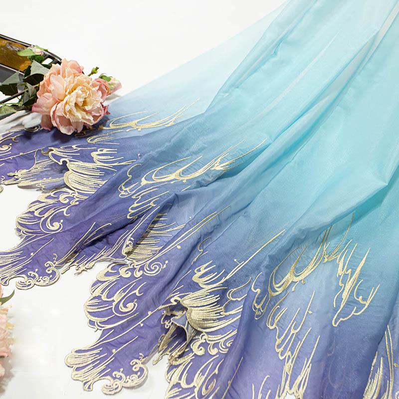 1M Chinese Classical Gradient Embroidery Fabric Chic Lotus Leaf Edge Designer Fabric For DIY Hanfu Dress Dance Costume