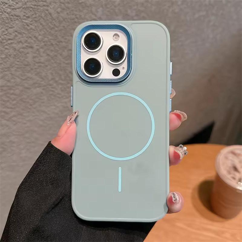 Metal lens frame magsafe charging phone case for iPhone 16 15 14 13 12 11 Pro Max magnetic liquid silicon back cover