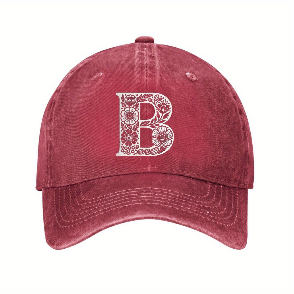 Floral Letter B Monogram Baseball Cap Unisex Washed Denim Adjustable Casual Cap