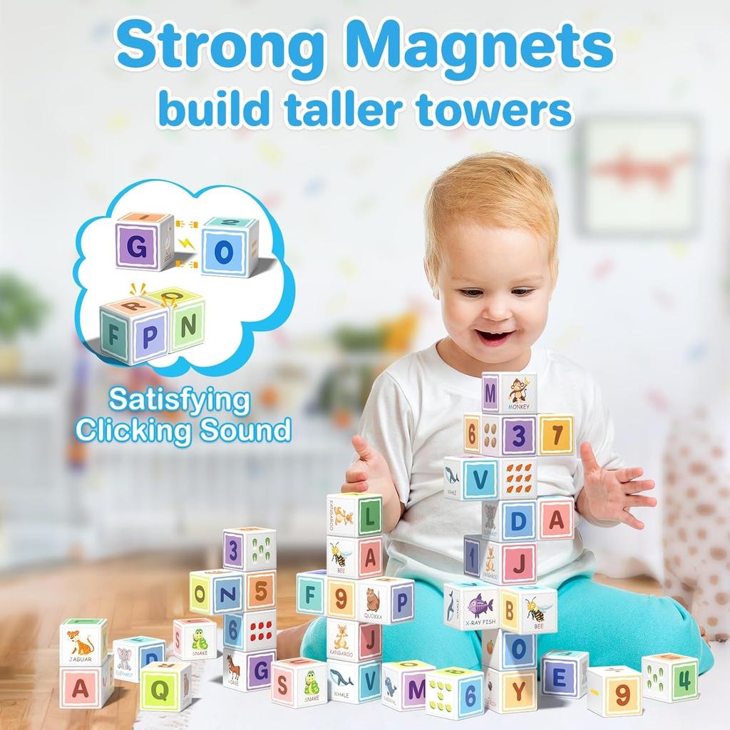 Magnetic Blocks ABC 123 Alphabet Colorful Printed, Building Blocks for Toddler 1-3, Magnet Cubes Sensory Toys, Preschool Early Learning