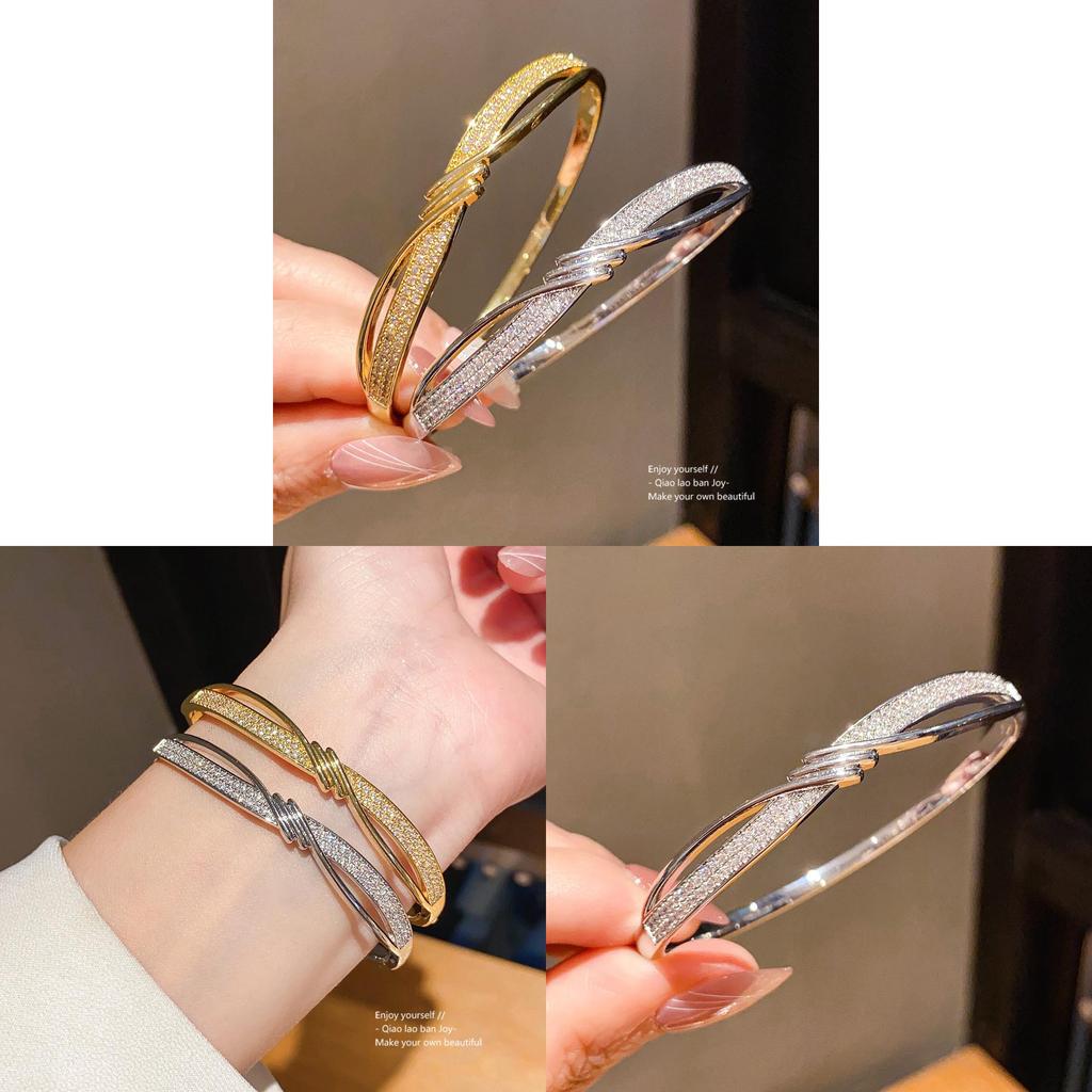 Copper Zircon Wave Pattern Bangle With Gold Plating For Fashionable Women