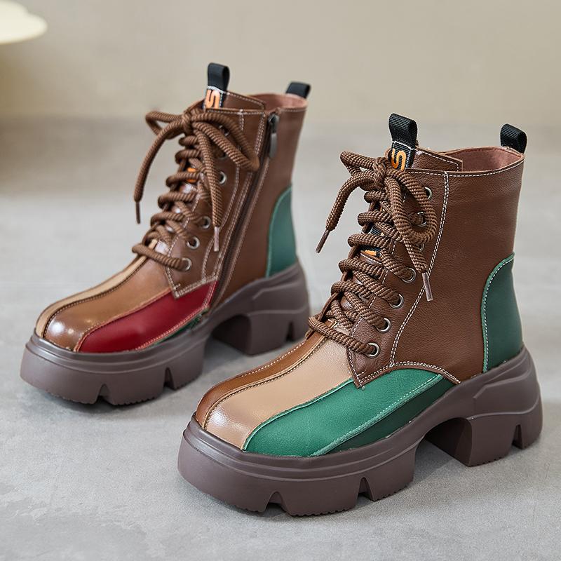 Fashion GKTINOO Retro Style Women Thick Soled Genuine Leather Mid-Calf Boots 2024 Autumn Winter Warm Platform Booties Zip Women's Shoes