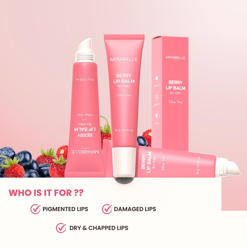 Mirabelle Korea Berry Lip Balm 10g | Subtle Glow Tint | Korean Lip Balm for Dry, Chapped Lips | Brightens Pigmented Lips | Jojoba Oil, Cherry Extra