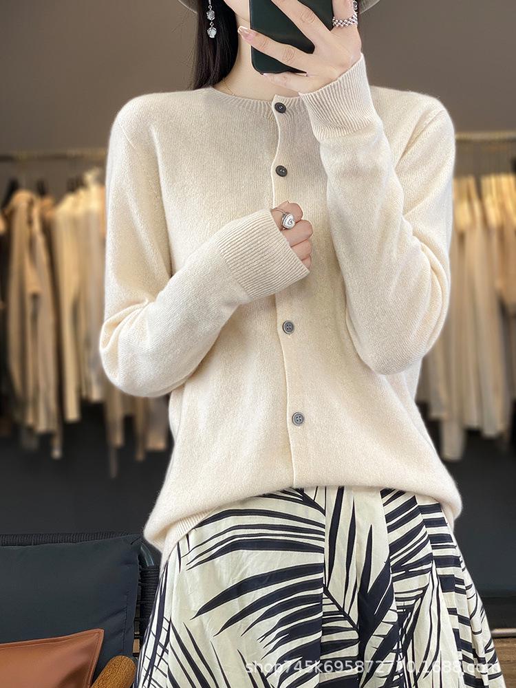 Women's Pure Wool Slim-Fit Cardigan: Warm, Thickened, Round Neck, Knitted Sweater for Autumn and Winter