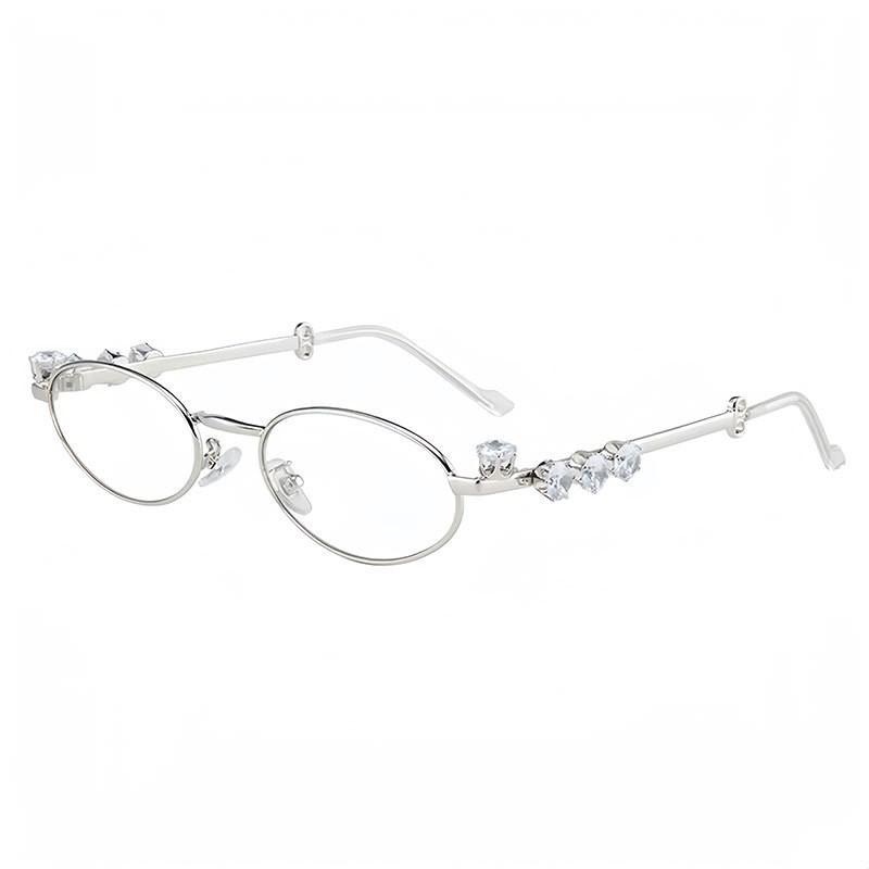 GM Diamond-Set Silver Frame Oval Y2K Glasses - Women's Small Frame, Myopia-Compatible, Makeup-Free Look.