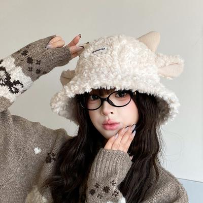 Women's Autumn and Winter Fisherman Hat, Korean Style Versatile Bucket Hat That Makes the Face Look Smaller, Lamb Wool Plush Hat, Japanese Cute Warm