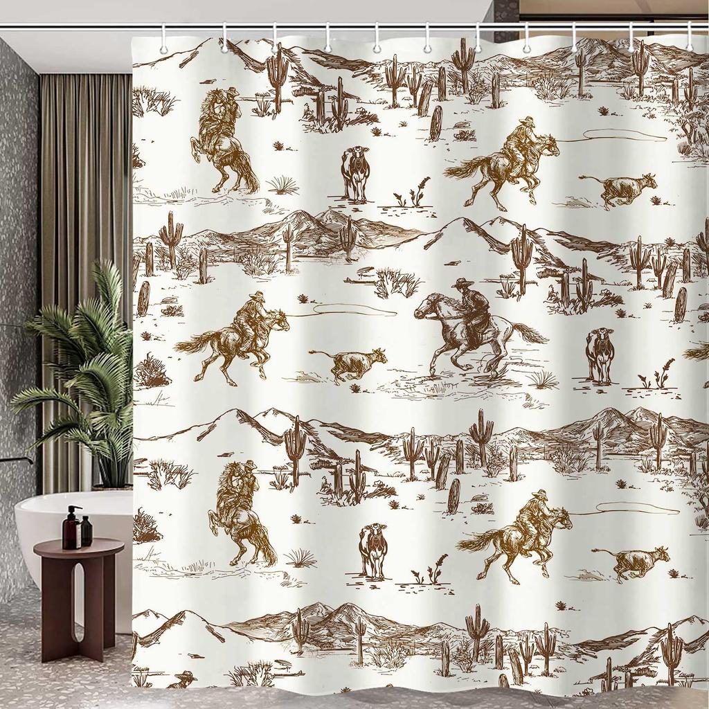 Western Cowboy Duschvorhang, Wild West Cowboy Reitet Pferd Kaktus Badvorhänge, Bauernhaus Land Amerikanischer Westen Thema Stoff Ba