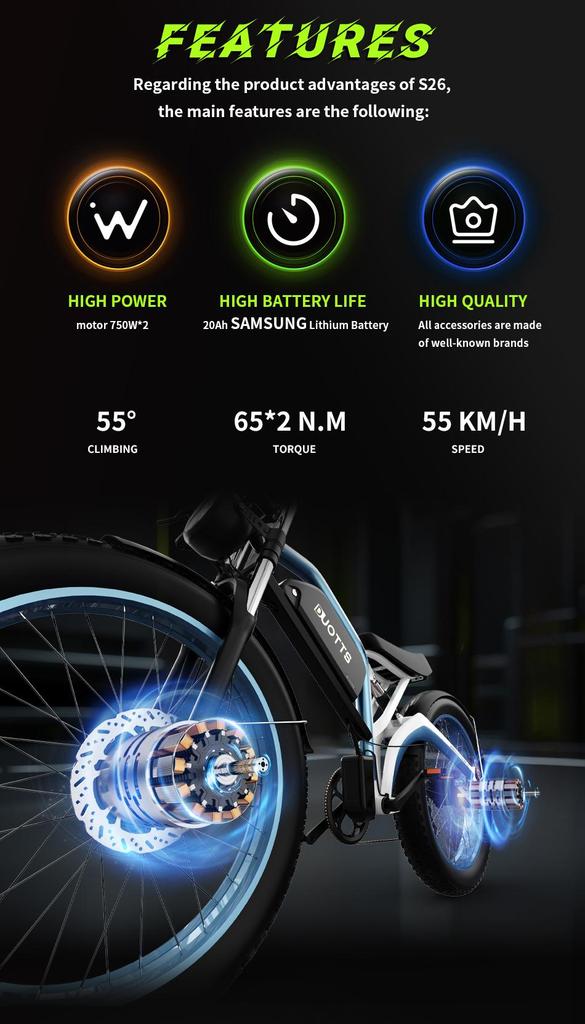 DUOTTS N26 Adult Electric Bike 750W Motor, 48V 20Ah Samsung Battery, 120km Range, IPX4 Waterproof, 55° Grade Climbing
