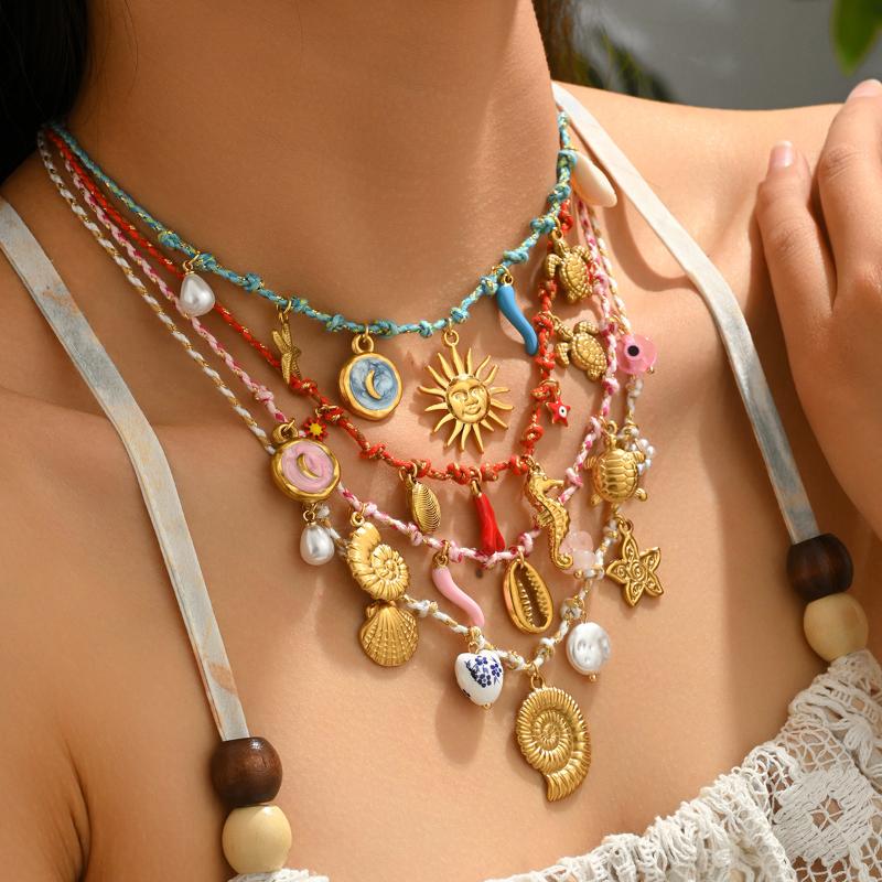 Colar de Corrente de Corda Trançada Vintage Pingente Personalizado Estilo Oceano Acessório Joias para Mulheres Corrente na Clavícula Presentes
