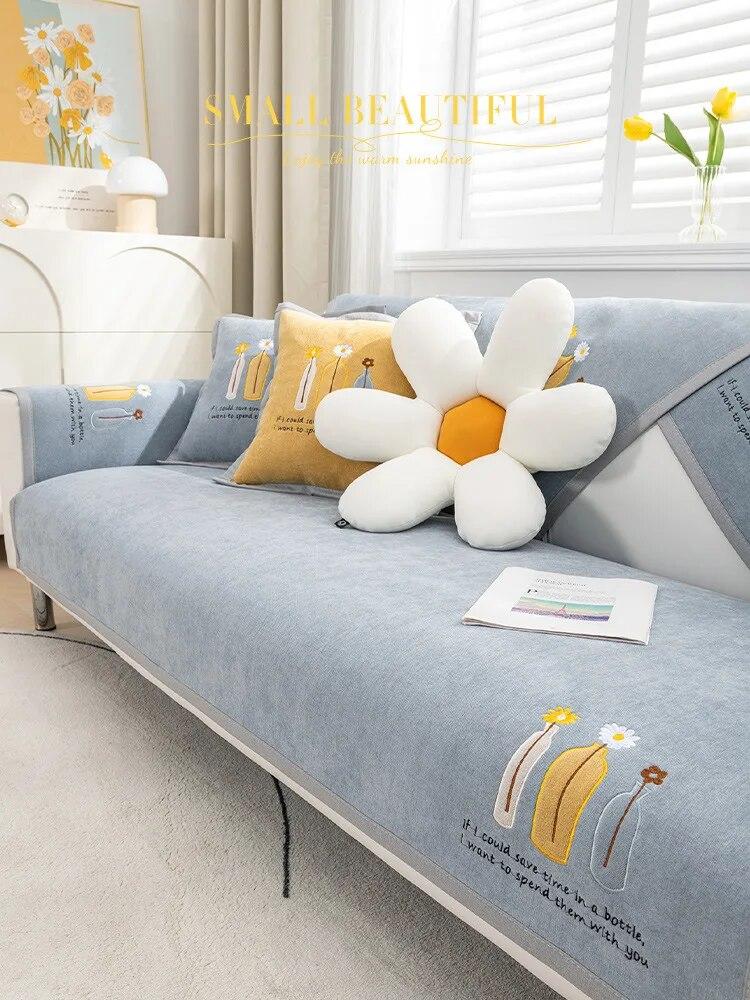 Nordische Vase Stickerei Sofakissen Vier Jahreszeiten Universal Rutschfester Leder Sofabezug Chenille Kissenrücken Handtuchbezug Stoff