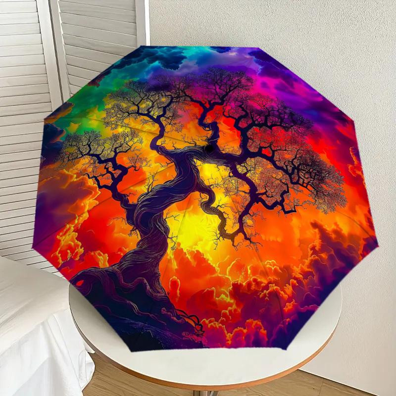 1PC Tree of Life Cosmic Art Pattern Small Travel Automatic Folding Umbrella, Compact Windproof Umbrella, Automatic Open/Close ,Gift-091533