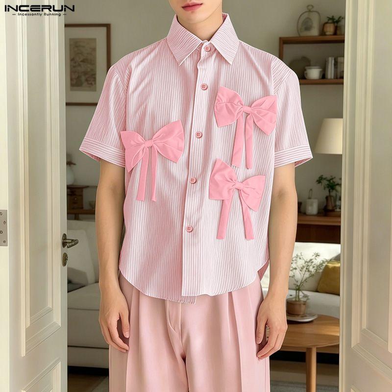 INCERUN Summer Men Lapel Neck Short Sleeve Buttons Up Striped Print Bow Casual Shirts