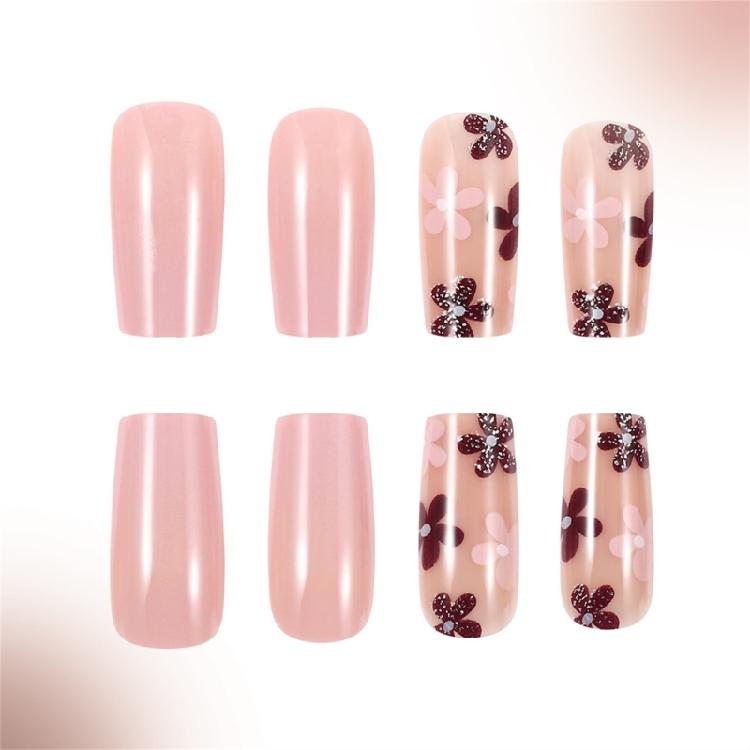 24x Sweet Full Cover False Nail Flower Press On Nail Medium Square Stick on Nail Acrylic Nail for Valentines Day
