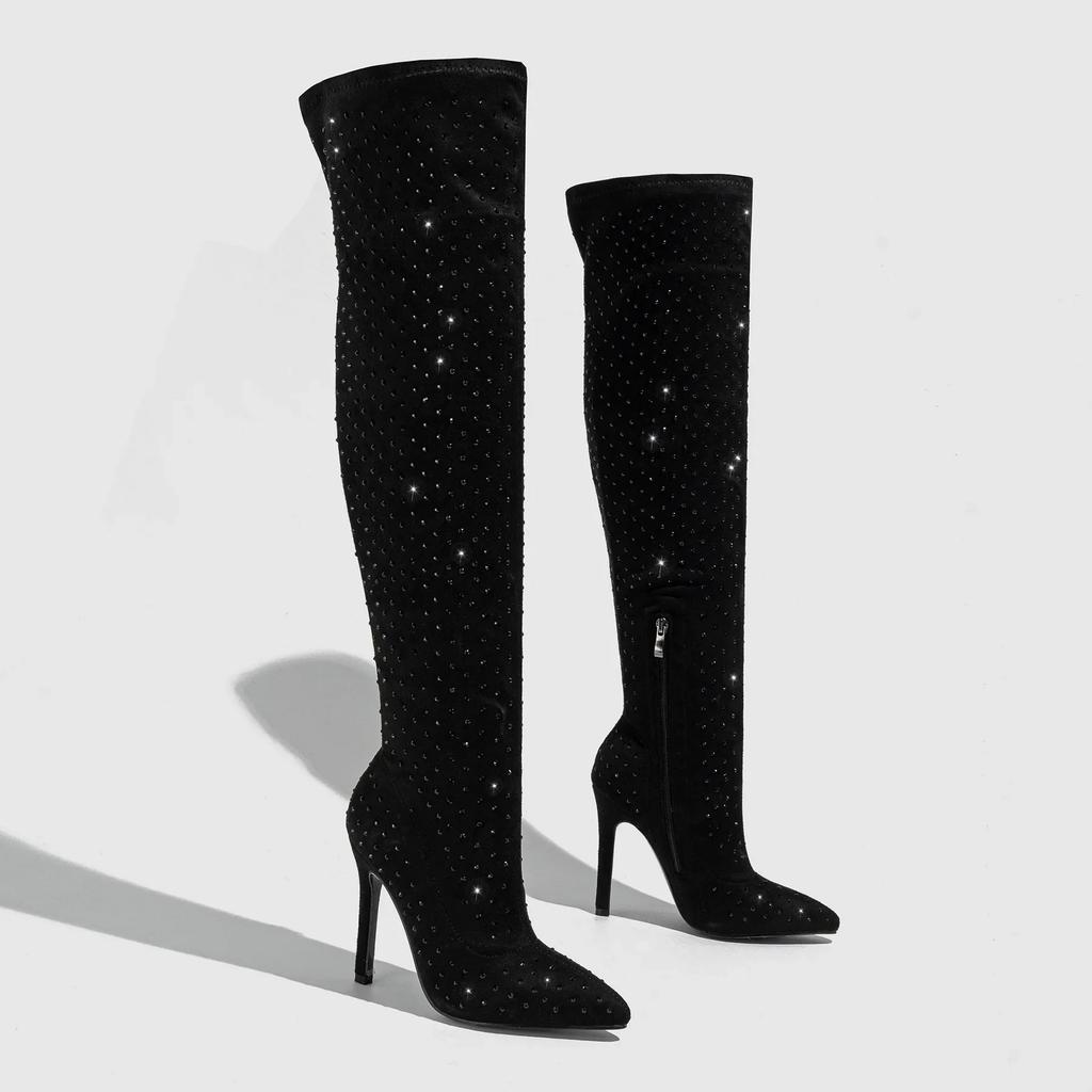 Bottes Sexy à Bout Pointu Strass Talons Hauts Fermeture Éclair Latérale Bottes Longueur Genou Performance de Scène Pour Femmes
