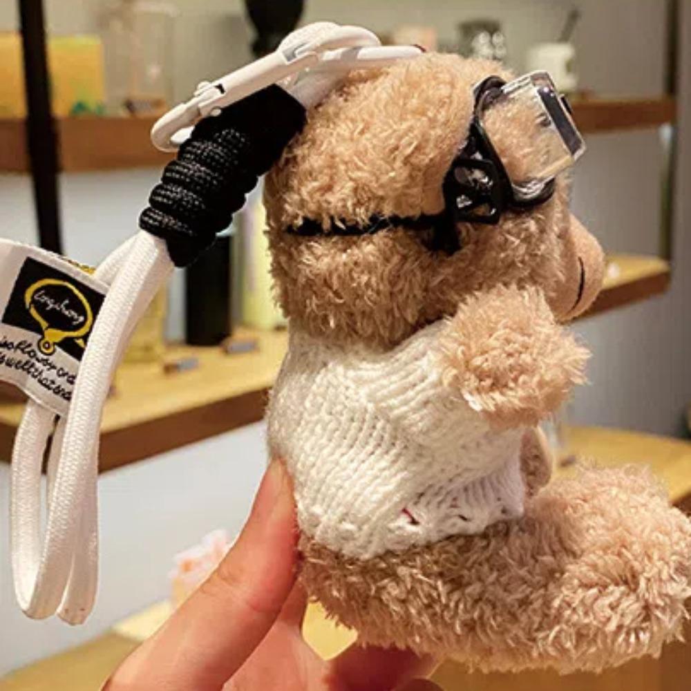 Lovely Goggles Pilot Bear Keychain Pearl Hanging Rope Plush Bear Key Ring Heart Pink Stuffed Animal Pendant Backpack
