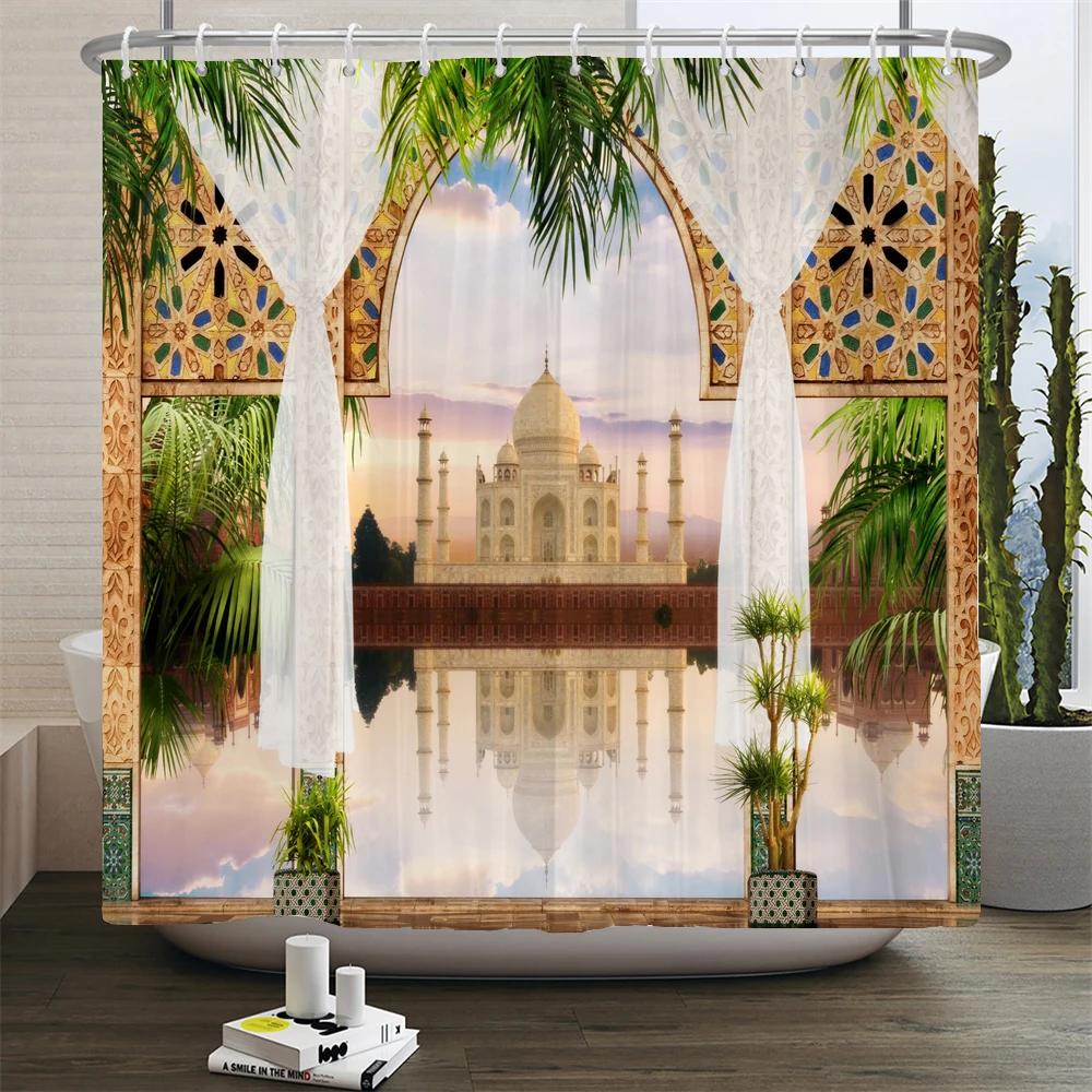 3D Moroccan Style Shower Curtain European Architectural Landscape Printed Waterproof Polyester Bathroom Curtain Decor With Hooks