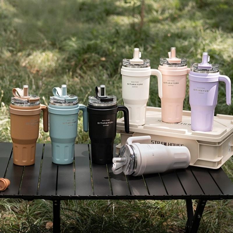 JUSTINLAU 1.1L Thermos Cup Stainless Steel Vacuum Flasks with Dust-proof Straw Cap Double-drink Car Cups Leak-proof Travel Mugs