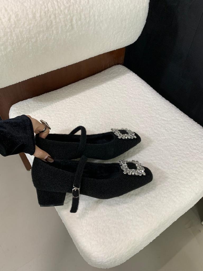 Thick Heel High Heel Black Square Head Rhinestone Single Shoes Women's Shoes 2025 New Autumn and Winter Plush Mary Jane Mao Shoes