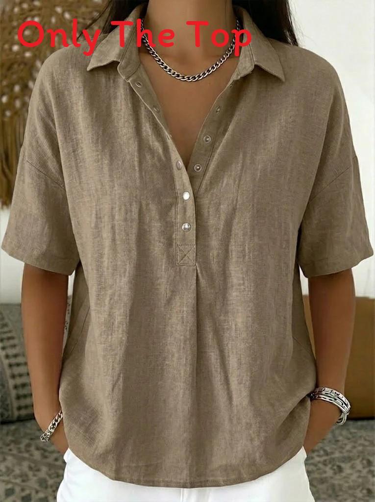 Casual Linen Shirt For Women With Turndown Collar And Short Sleeves For Summer Comfort