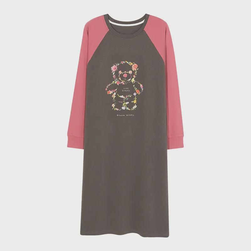 Women's 100% Cotton Knee-Length Long-Sleeve Nightdress for Spring and Autumn