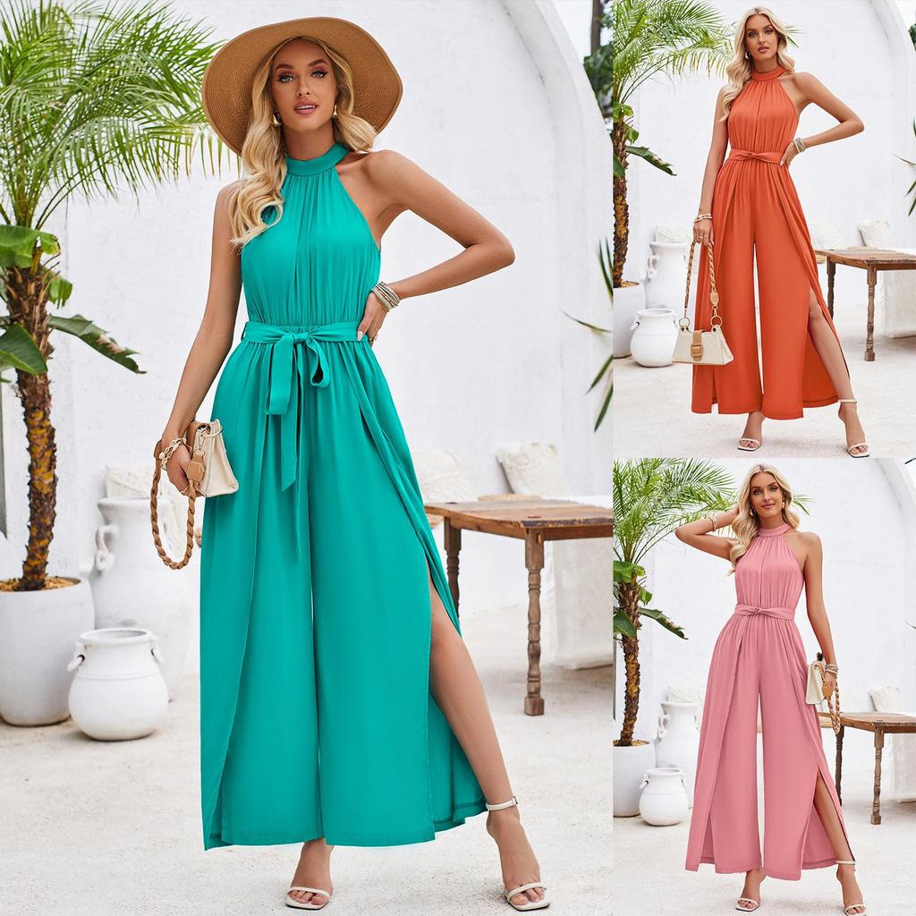 Dame Sommer Casual Ensfarget Ermeløs Halter Jumpsuit Løs Høy Midje Belte Vide Ben Bukser Jumpsuits S-XL